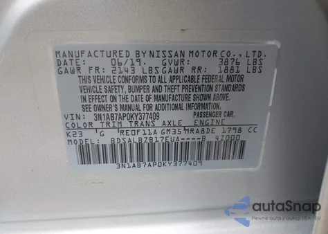 2019 Nissan Sentra S from USA, damaged, VIN 3N1AB7AP0KY377409